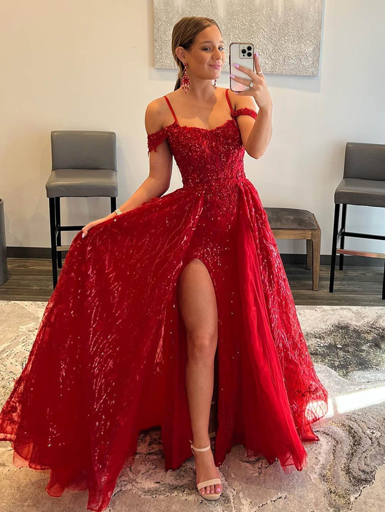 Luolandi A Line Off The Shoulder Sequin & Lace Sweep Train Prom Dresses With Slit Sexy Evening Dresses